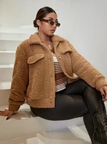 SHEIN Cazadora teddy con diseño de solapa - Marrón - Ver 1