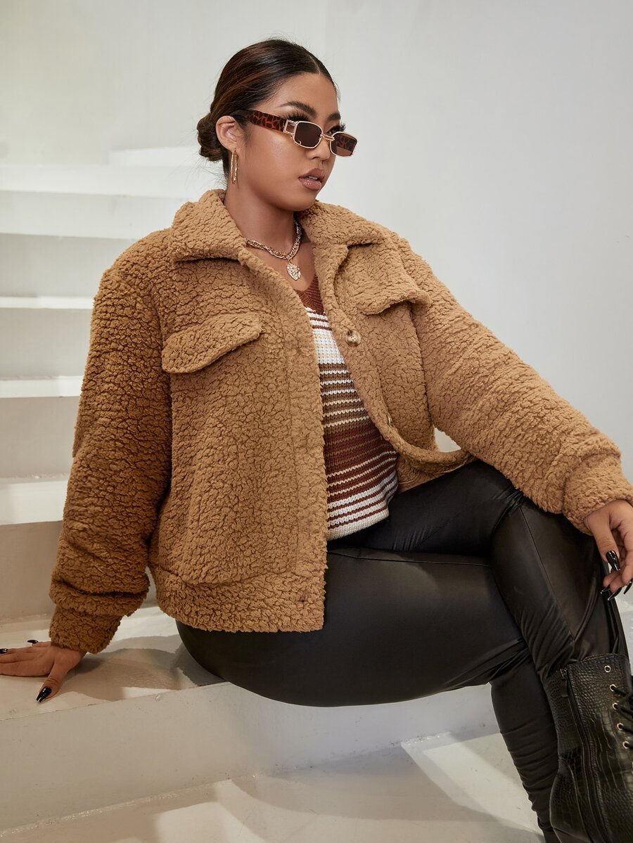 SHEIN Cazadora teddy con diseño de solapa - Marrón - Ver 1