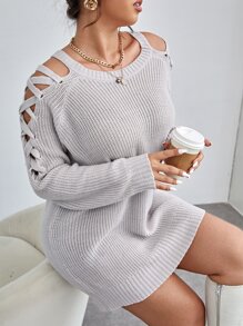 Áo len Plus Size Cắt ra Ren lên màu trơn Giải trí - Màu Xám nhạt - Xem 1