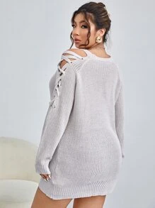 Áo len Plus Size Cắt ra Ren lên màu trơn Giải trí - Màu Xám nhạt - Xem 2