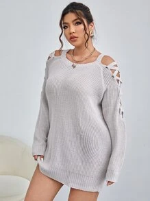 Áo len Plus Size Cắt ra Ren lên màu trơn Giải trí - Màu Xám nhạt - Xem 3