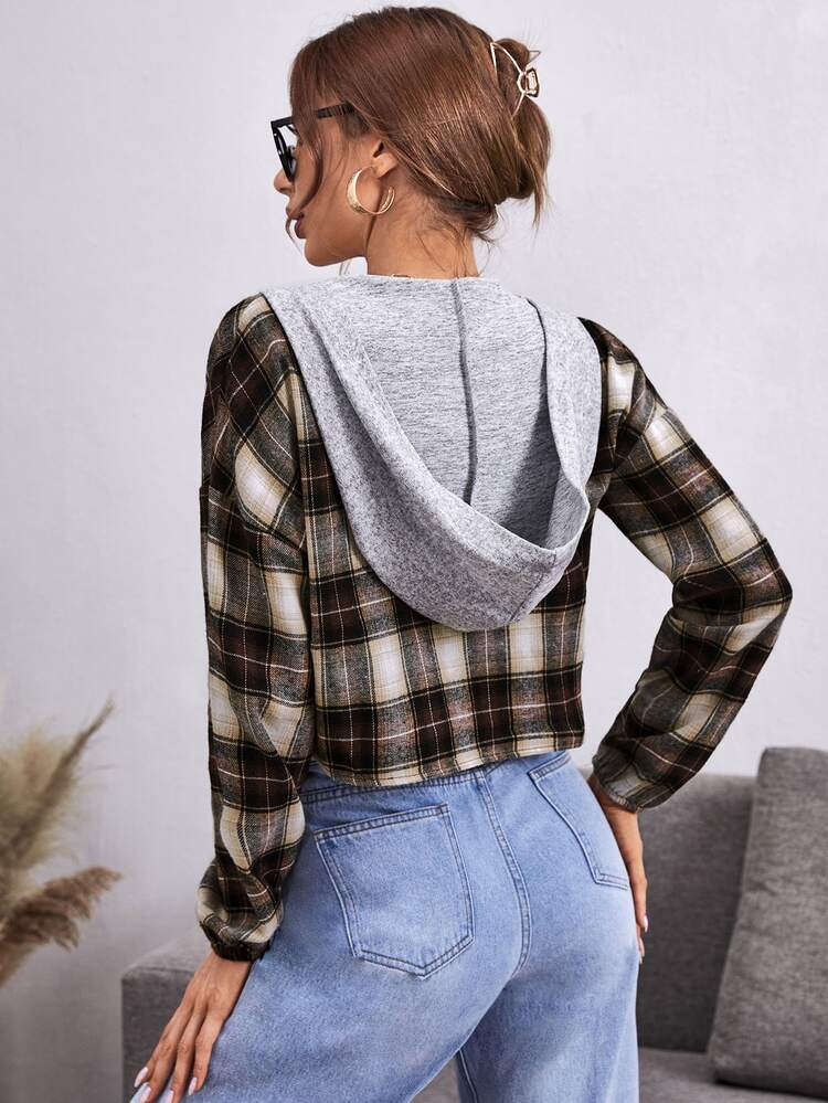 Drop Shoulder Plaid Contrast Drawstring Hooded Blouse - Multicolor - View 2