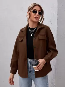 SHEIN Essnce Button Front Drop Shoulder Solid Coat - Coffee Brown - View 1