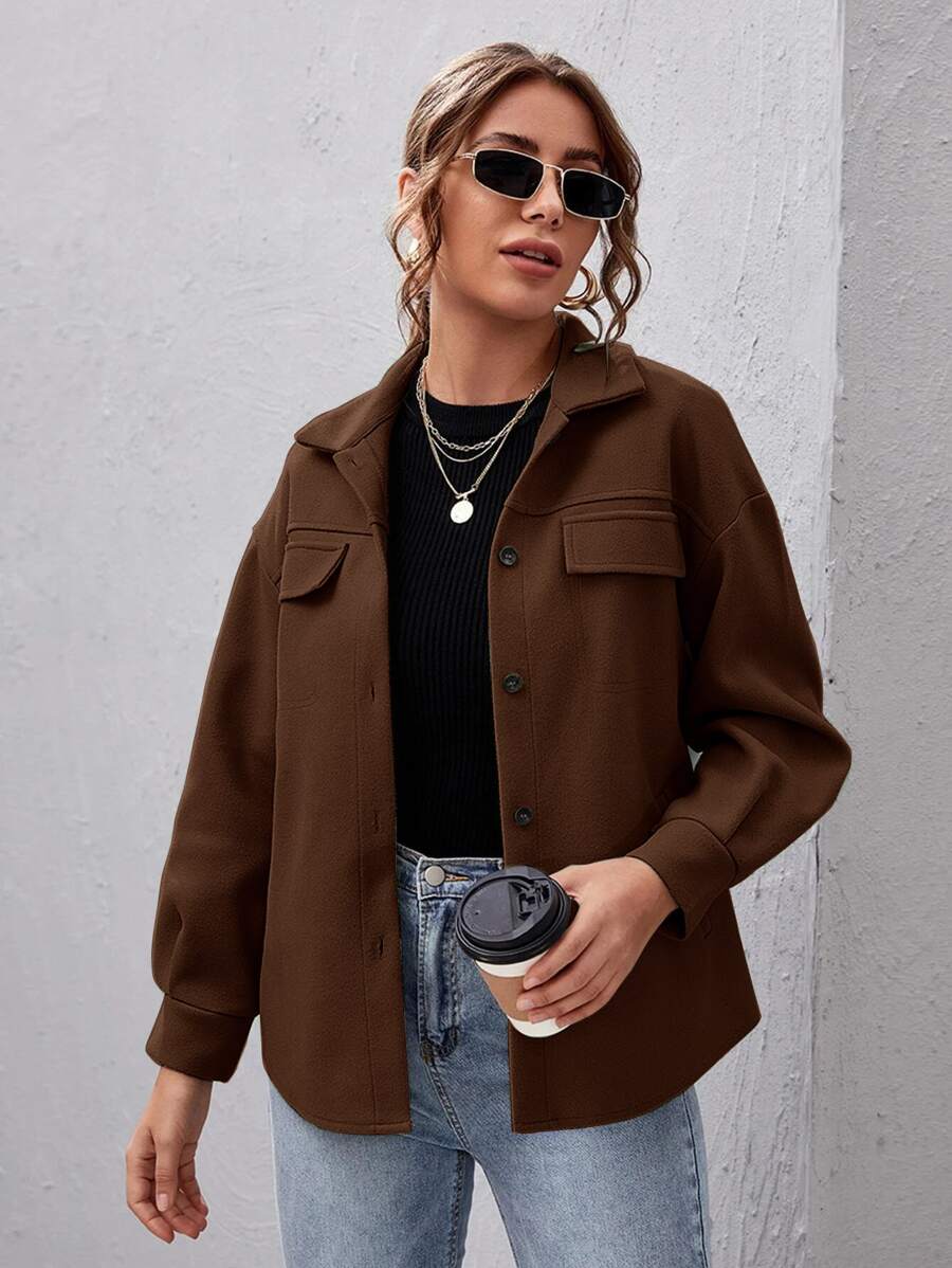 SHEIN Essnce Button Front Drop Shoulder Solid Coat - Coffee Brown - View 1