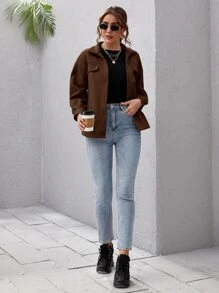 SHEIN Essnce Button Front Drop Shoulder Solid Coat - Coffee Brown - View 3