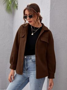 SHEIN Essnce Button Front Drop Shoulder Solid Coat - Coffee Brown - View 4