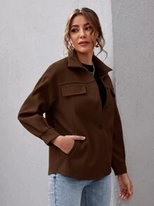 SHEIN Essnce Button Front Drop Shoulder Solid Coat - Coffee Brown - View 5