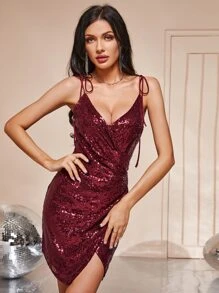 Double Crazy 交疊領肩上打結圍裹下擺亮片連衣裙 - 酒紅色 - 查看 1