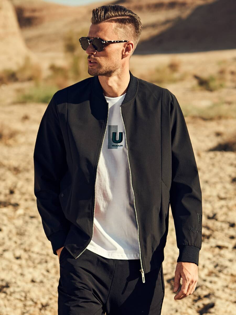 Men Letter Embroidery Zipper Bomber Jacket - Black - View 1