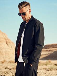 Men Letter Embroidery Zipper Bomber Jacket - Black - View 3