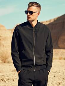 Men Letter Embroidery Zipper Bomber Jacket - Black - View 4