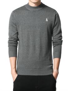 Men Elk Embroidery Mock Neck Jumper Without Shirt - Dark Grey - View 1