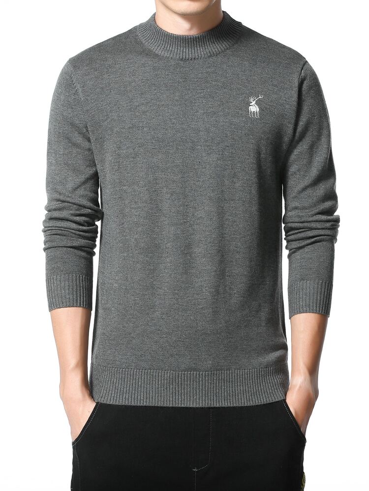 Men Elk Embroidery Mock Neck Sweater Without Shirt - Dark Grey - View 1