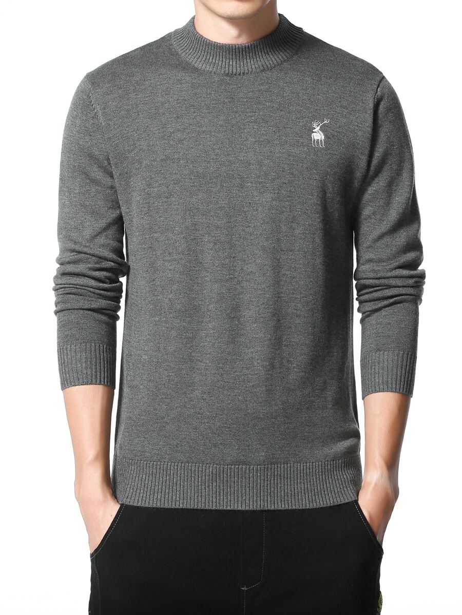 Men Elk Embroidery Mock Neck Jumper Without Shirt - Dark Grey - View 1