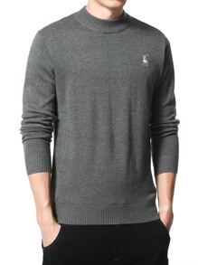 Men Elk Embroidery Mock Neck Jumper Without Shirt - Dark Grey - View 3