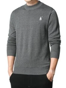 Men Elk Embroidery Mock Neck Jumper Without Shirt - Dark Grey - View 4