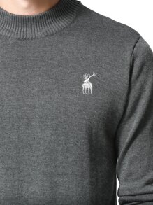 Men Elk Embroidery Mock Neck Jumper Without Shirt - Dark Grey - View 5