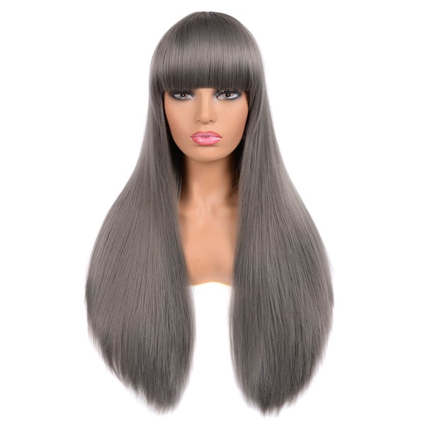 

Natural Long Straight Synthetic Wig With Bangs, Grey
