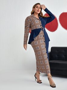 Modelyn 大碼千鳥格荷葉邊泡泡袖繫腰帶連衣裙 - 彩色 - 查看 3