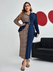 Modelyn 大碼千鳥格荷葉邊泡泡袖繫腰帶連衣裙 - 彩色 - 查看 1