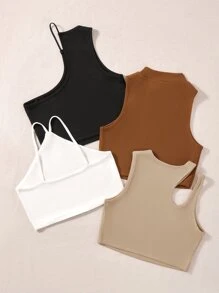 Chiquease 4入組鏤空不對稱領條紋針織背心上衣 - 彩色 - 查看 2