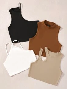 Chiquease 4入組鏤空不對稱領條紋針織背心上衣 - 彩色 - 查看 3