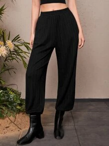 SHEIN Solid Elastic Waist Joggers - Black - View 1