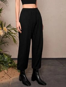 SHEIN Solid Elastic Waist Joggers - Black - View 3