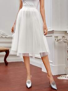SHEIN X FARAH High Waist Mesh Pleated Skirt - White - View 1