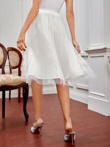 SHEIN X FARAH High Waist Mesh Pleated Skirt - White - View 2