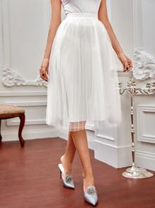 SHEIN X FARAH High Waist Mesh Pleated Skirt - White - View 3