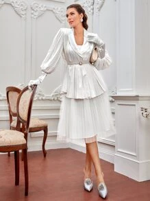 SHEIN X FARAH High Waist Mesh Pleated Skirt - White - View 4