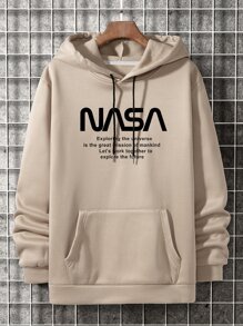Manfinity Men Slogan Graphic Kangaroo Pocket Drawstring Hoodie - Khaki - View 1