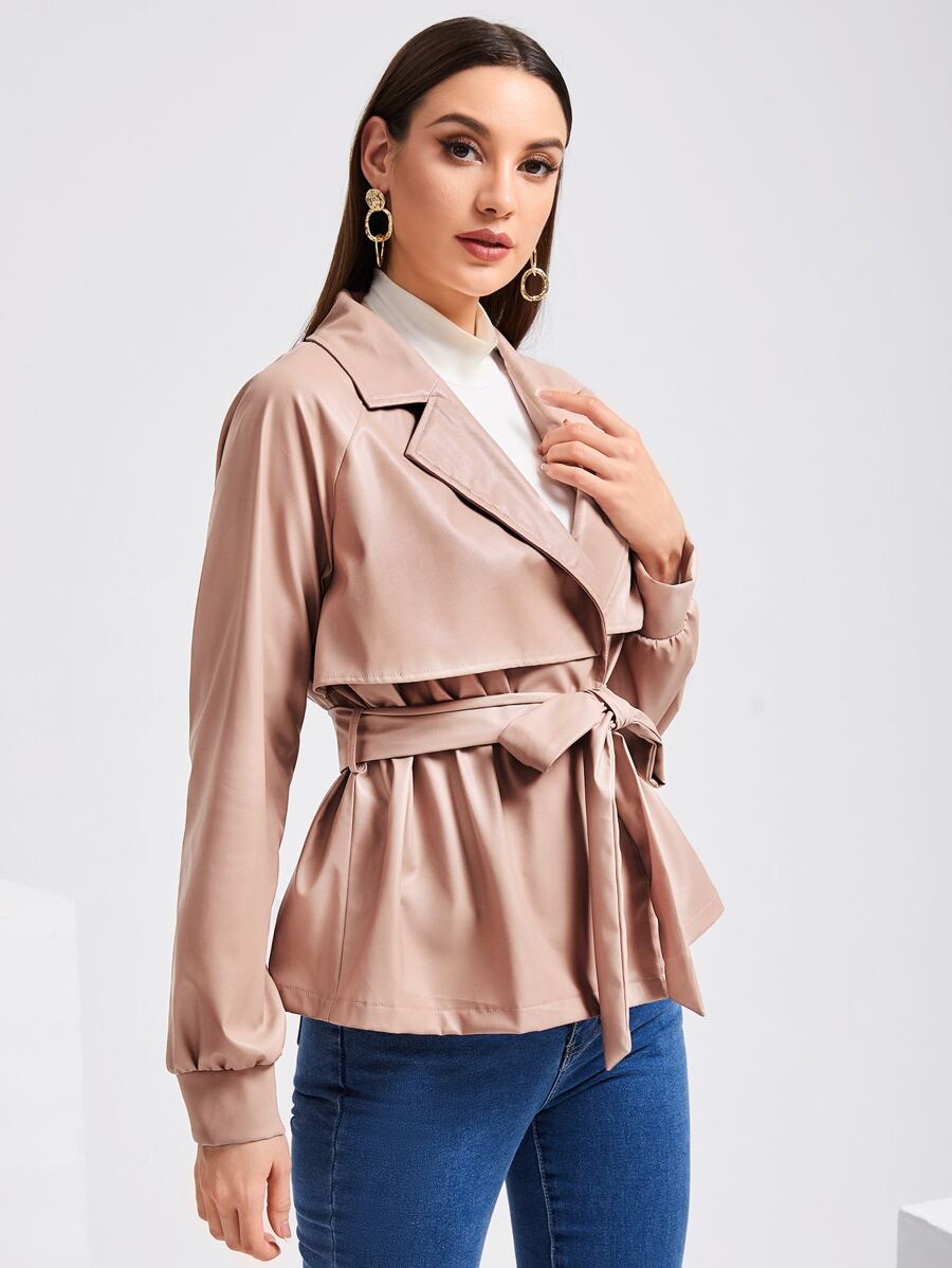 Mulvari 西裝領插肩袖腰帶PU皮革風衣外套