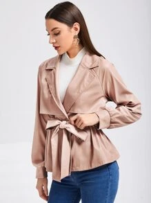 Mulvari 西裝領插肩袖腰帶PU皮革風衣外套