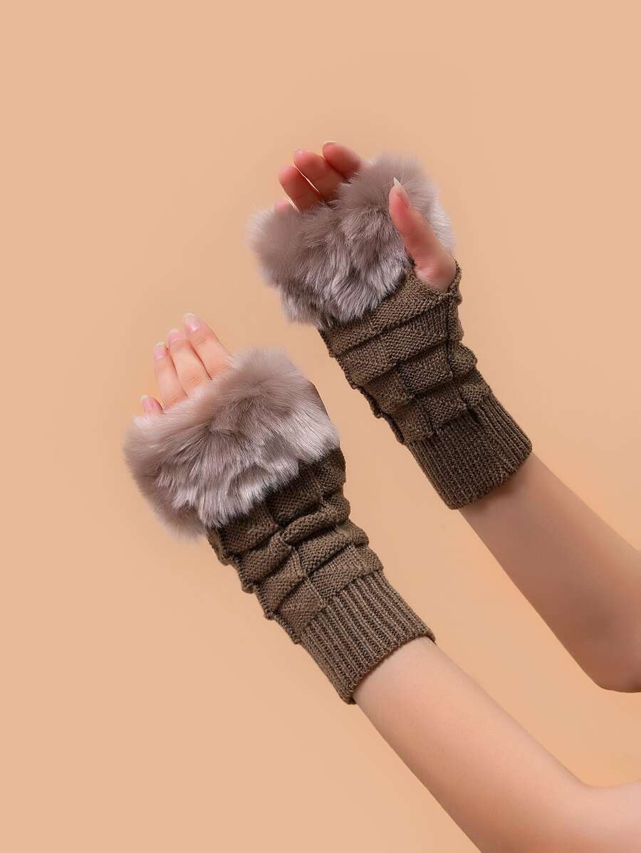 Fluffy Trim Fingerless Gloves - Camel - View 1