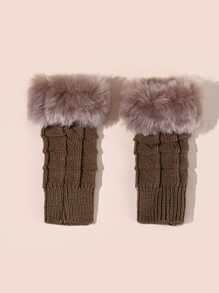 Fluffy Trim Fingerless Gloves - Camel - View 2