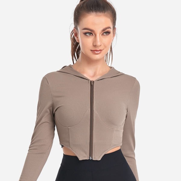 

Asymmetrical Hem Hooded Sports Jacket, Khaki