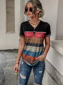 EMERY ROSE 条纹纽扣前 V 领 T 恤图案 T 恤女式上衣 - 彩色 - 查看 3