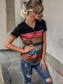 EMERY ROSE 条纹纽扣前 V 领 T 恤图案 T 恤女式上衣 - 彩色 - 查看 4