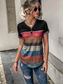 EMERY ROSE 条纹纽扣前 V 领 T 恤图案 T 恤女式上衣 - 彩色 - 查看 5