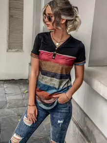 EMERY ROSE 条纹纽扣前 V 领 T 恤图案 T 恤女式上衣 - 彩色 - 查看 6