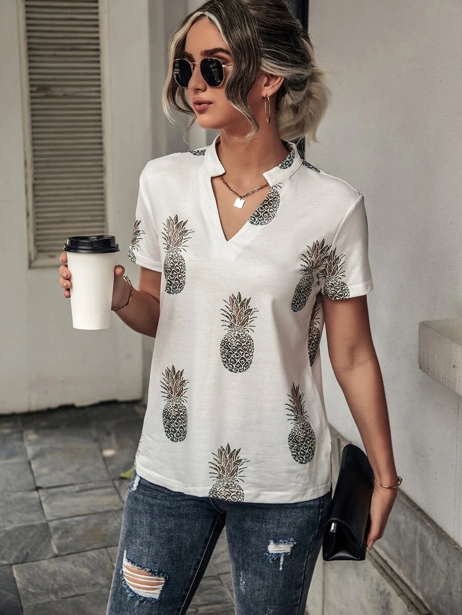 SHEIN LUNE Pineapple Print Notched Neck Tee - White - View 1