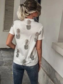 SHEIN LUNE Pineapple Print Notched Neck Tee - White - View 2