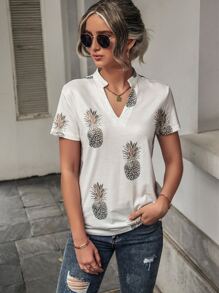 SHEIN LUNE Pineapple Print Notched Neck Tee - White - View 3