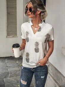SHEIN LUNE Pineapple Print Notched Neck Tee - White - View 4