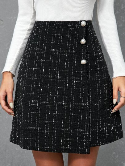 Plaid Asymmetrical Tweed Skirt