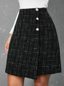 SHEIN Privé Plaid Asymmetrical Tweed Skirt - Black - View 5