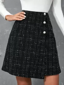 SHEIN Privé Plaid Asymmetrical Tweed Skirt - Black - View 6
