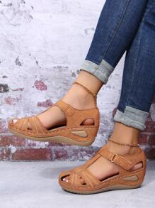 女士棕色流行鏤空,刺繡素色坡跟涼鞋帶極簡鏤空踝帶 - 棕色 - 查看 3